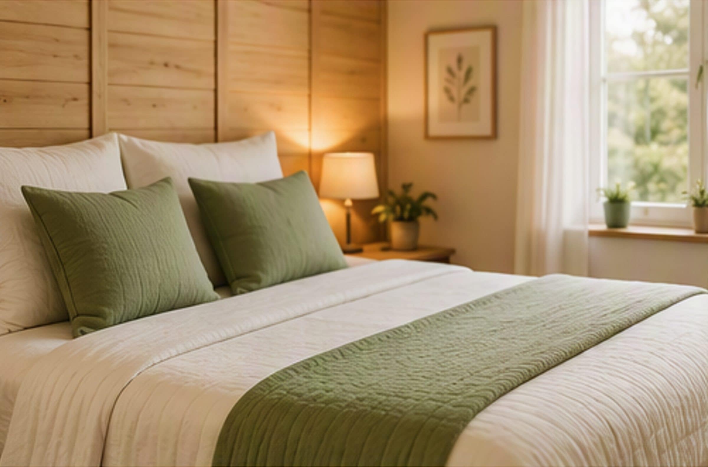 Opgemaakt bed in een lichte hotelkamer, klaar voor de gast