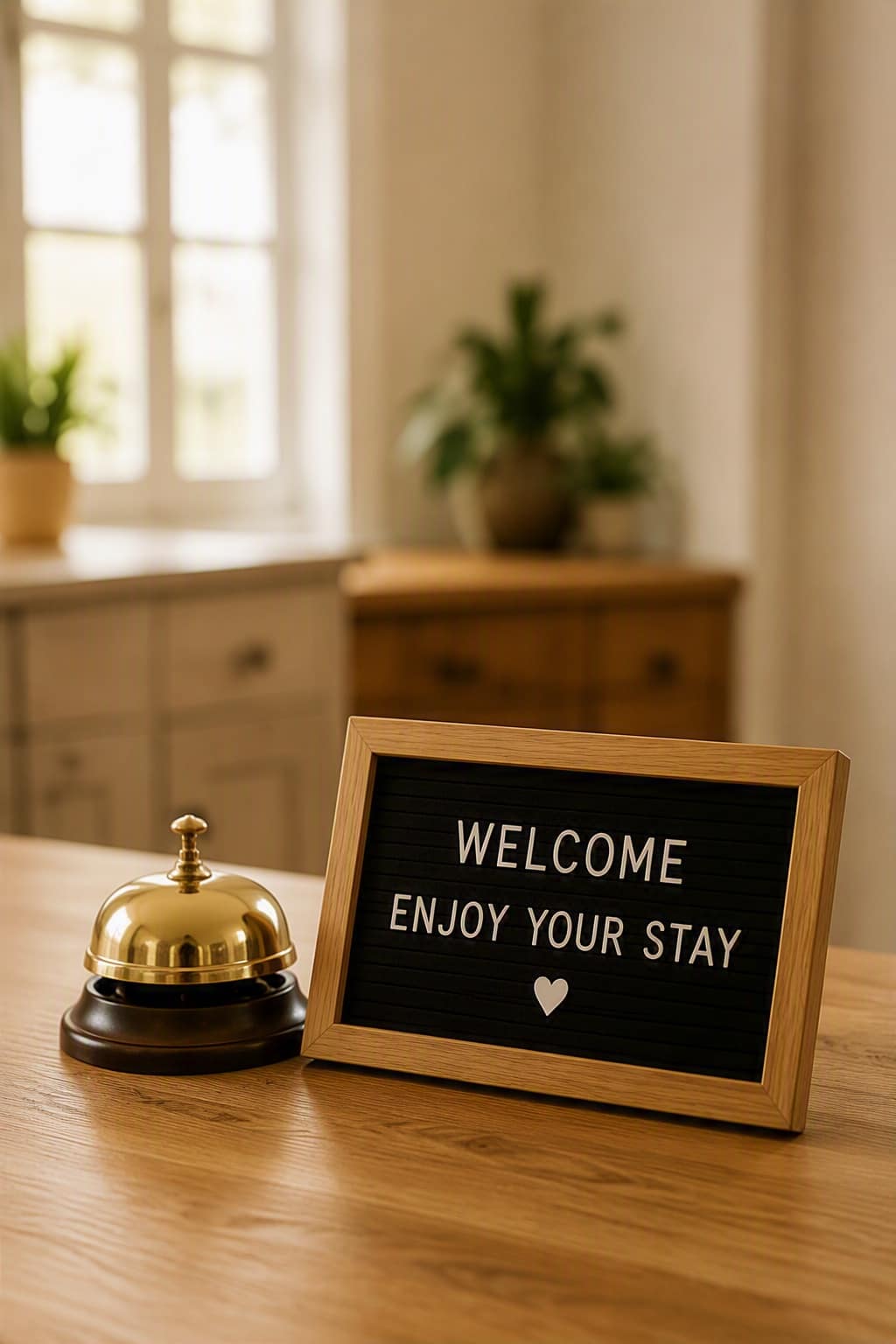 Receptiebel op een houten balie, naast een bordje met de tekst Welcome, enjoy your stay