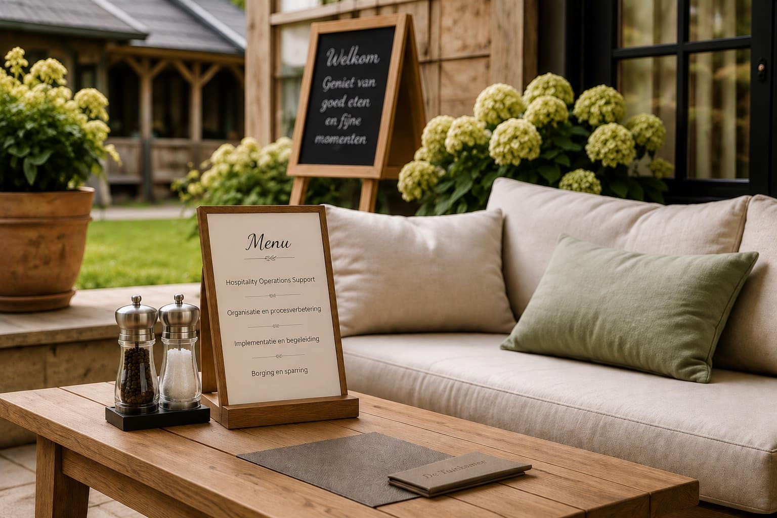 Loungebank op een terras, met een menukaart waarop de vier diensten staan