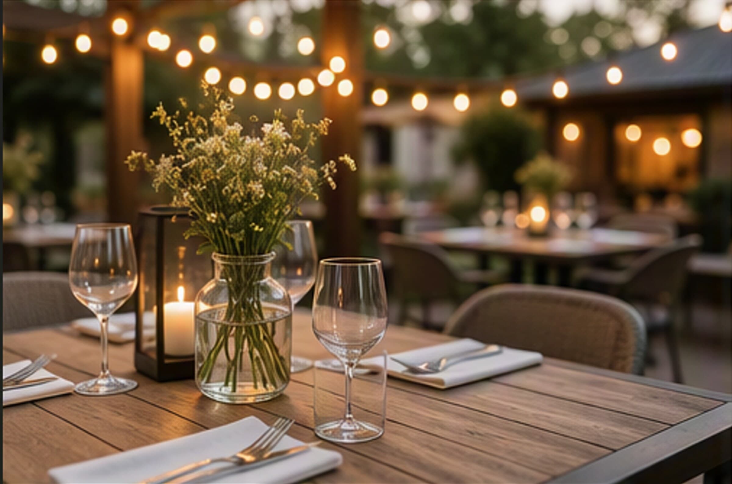 Sfeervol gedekt terras in de avond, met kaarslicht en lichtjes