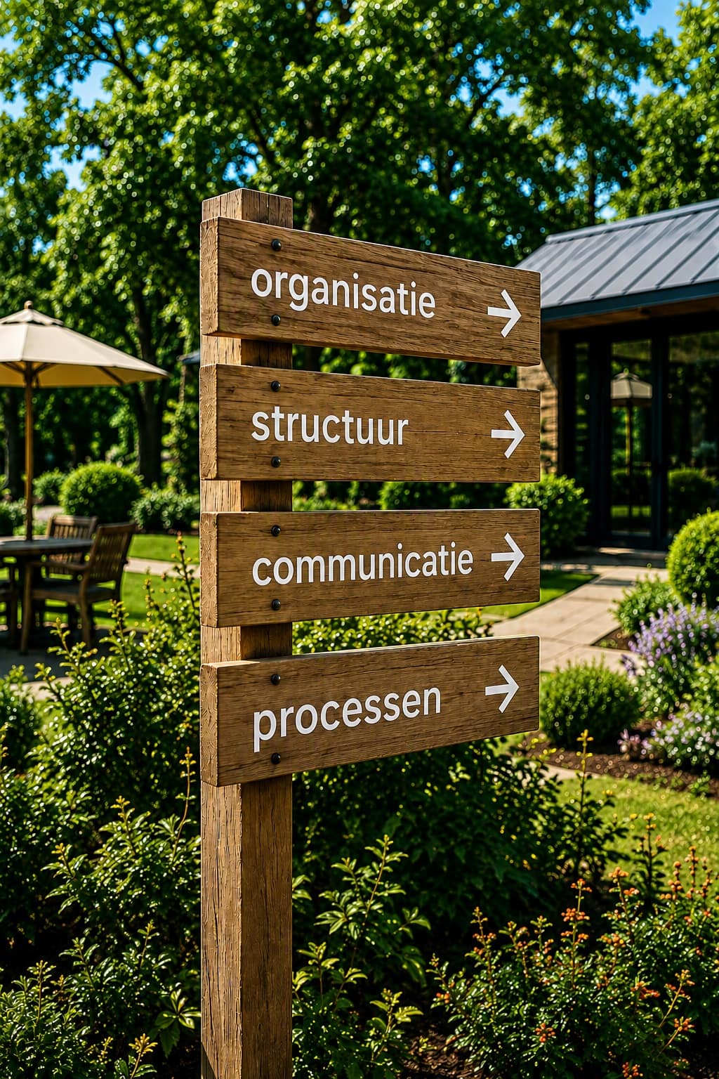 Houten wegwijzer met bordjes: organisatie, structuur, communicatie en processen