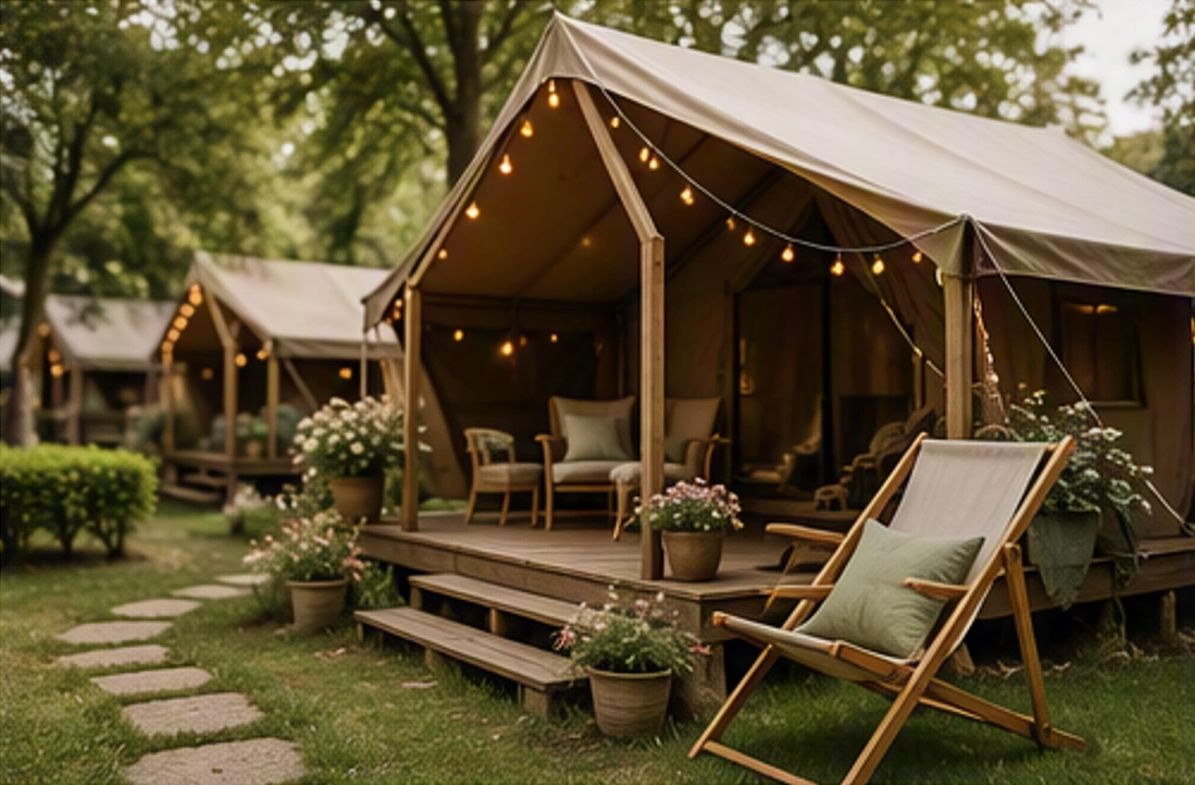 Glampingtenten met een houten terras en lichtjes in het groen